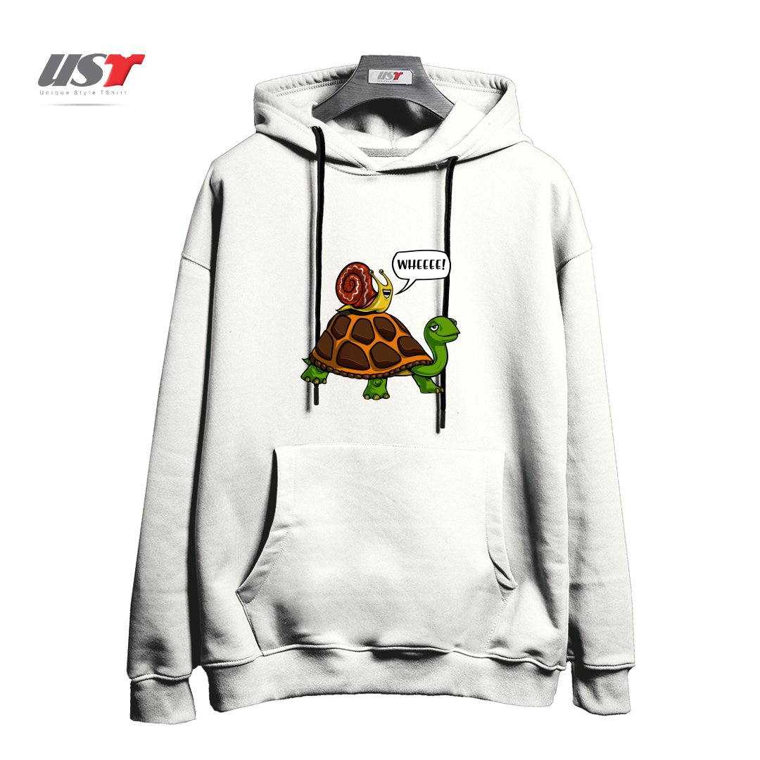 طرح SNAIL RIDING TURTLE هودی اورسایزرنگ سفید