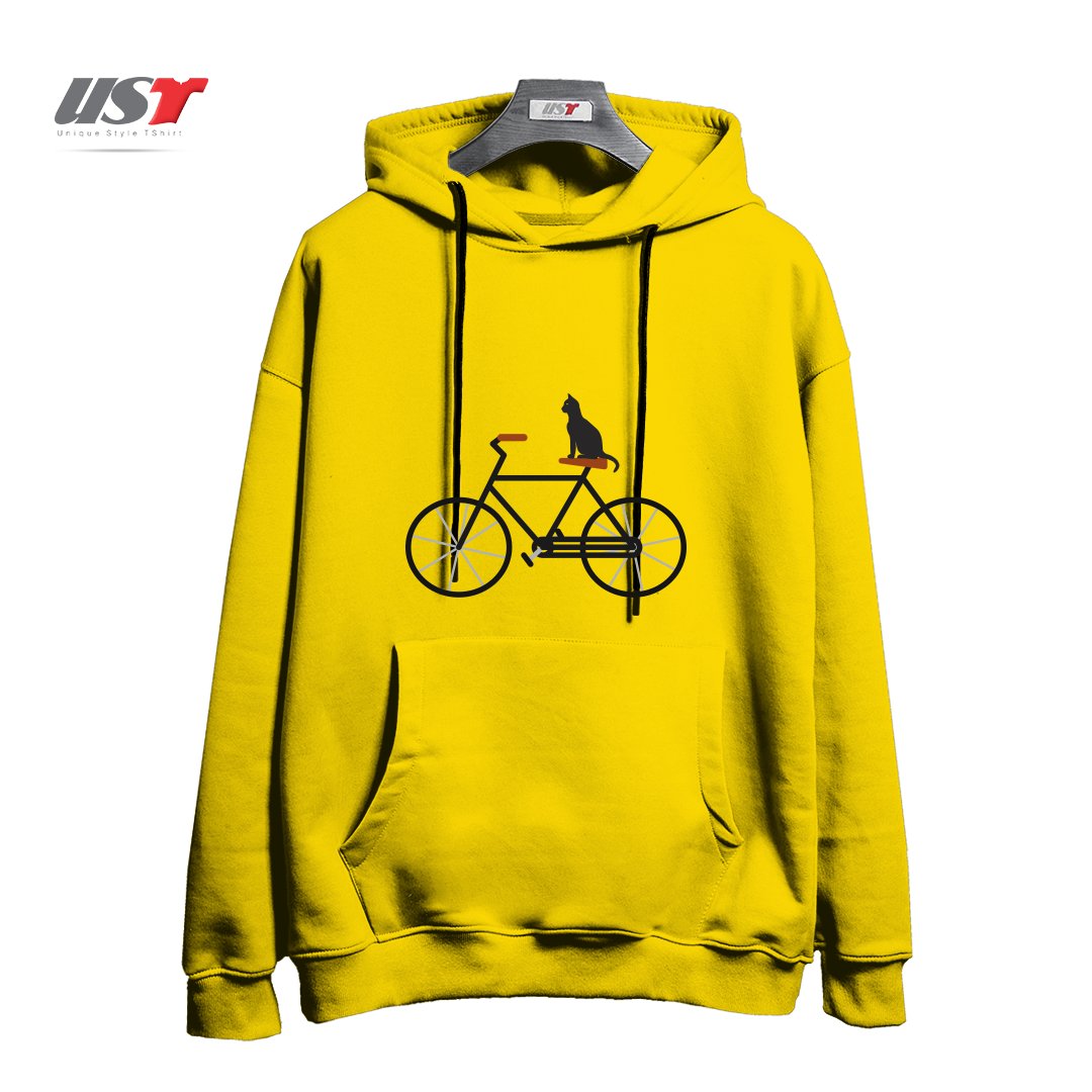 طرح CAT RIDING BIKE هودی اورسایزرنگ زرد
