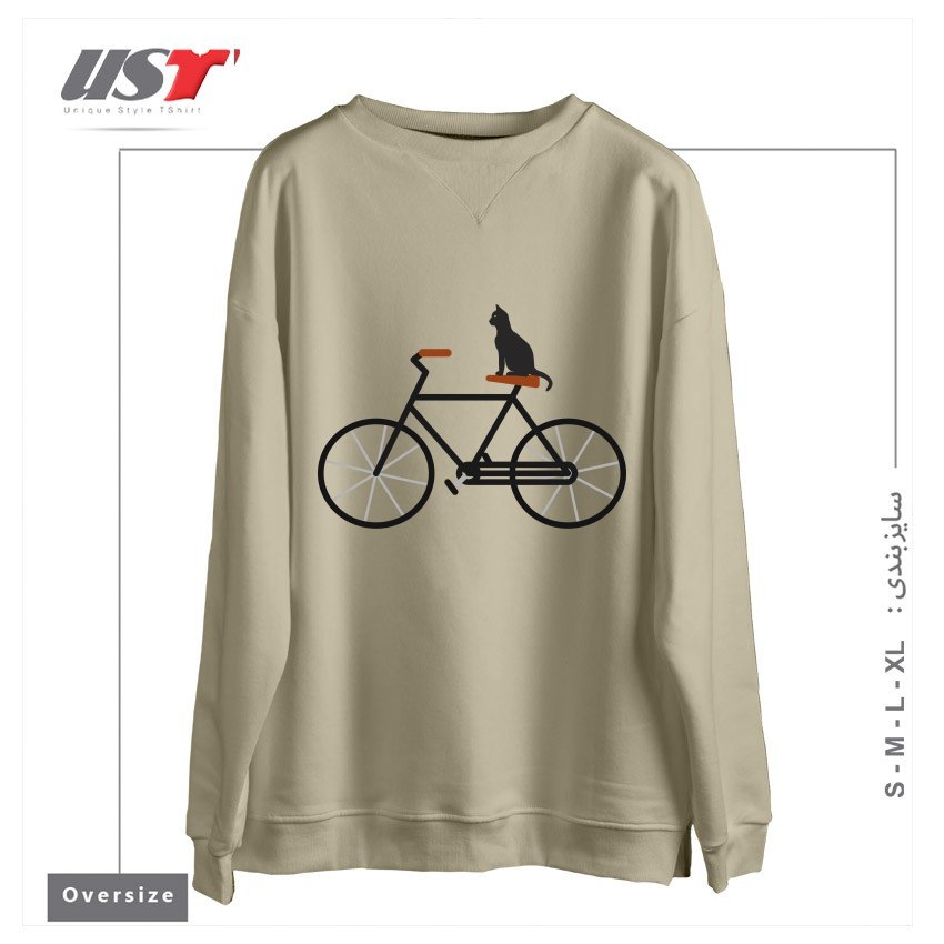 طرح CAT RIDING BIKE سوییشرت اورسایزرنگ نخودی