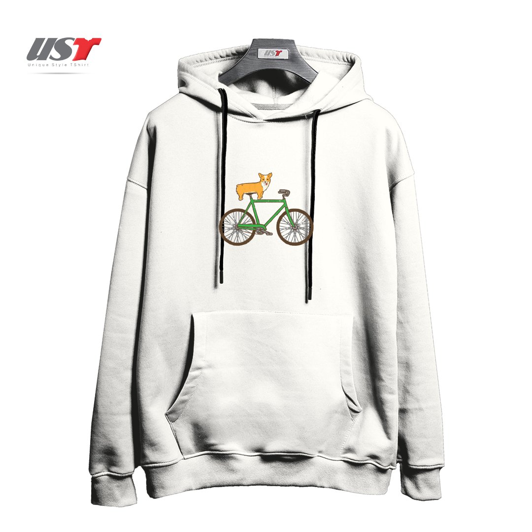 طرح CORGI ON A BIKE هودی اورسایزرنگ سفید
