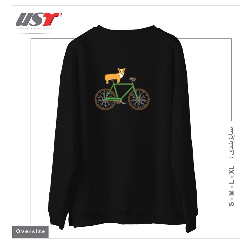 طرح CORGI ON A BIKE سوییشرت اورسایزرنگ مشکی