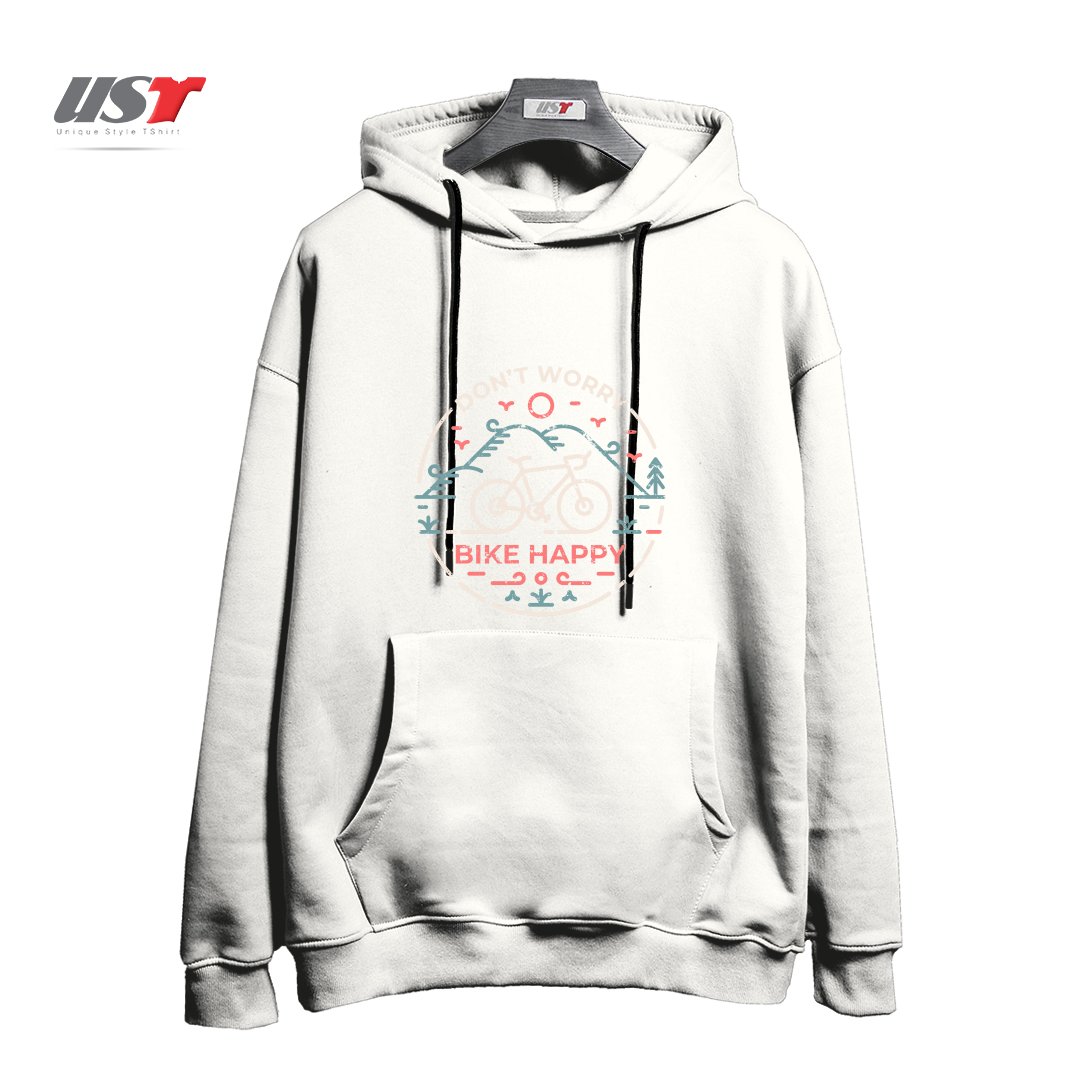 طرح DON'T WORRY BIKE HAPPY هودی اورسایزرنگ سفید