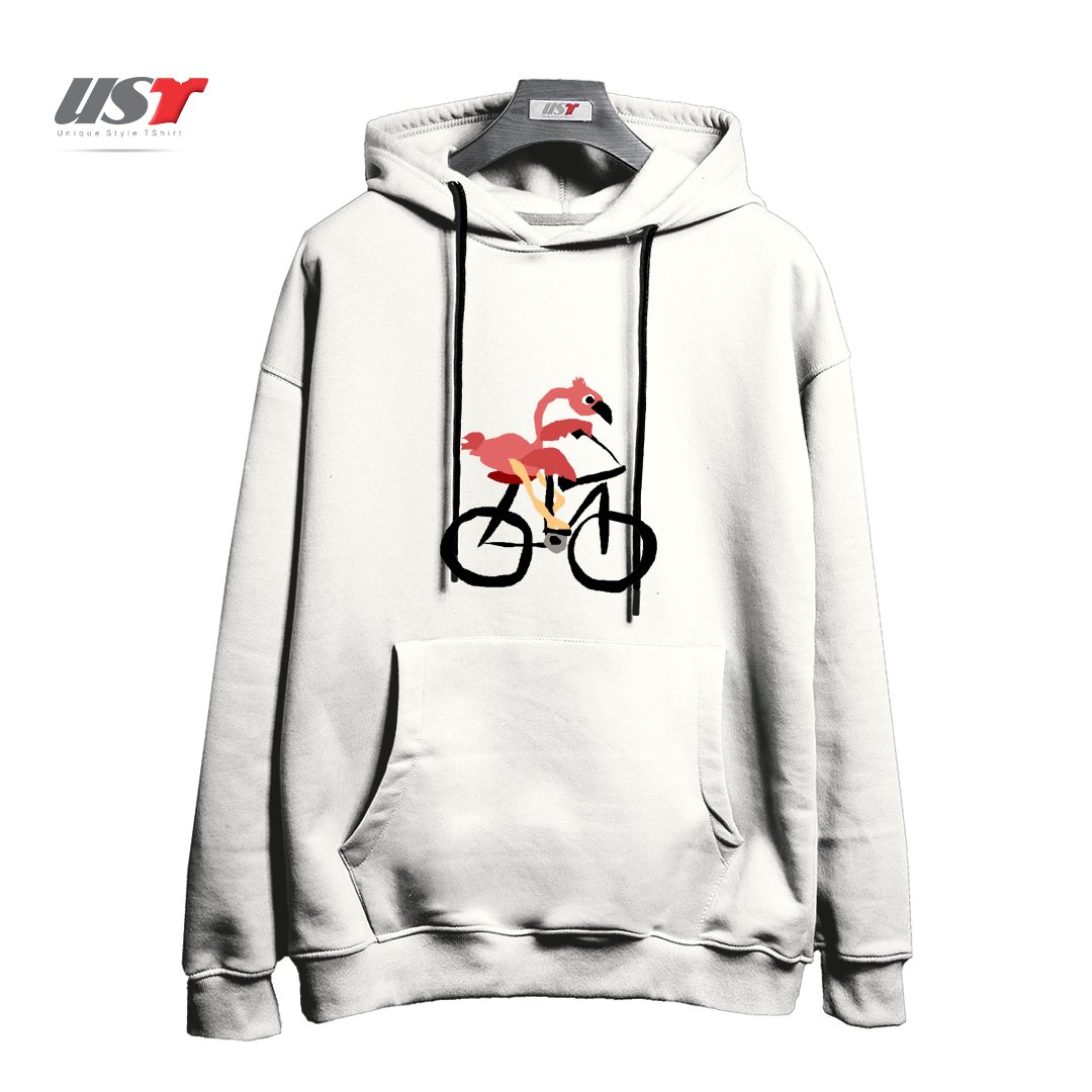 طرح FUNNY PINK FLAMINGO RIDING BICYCLE هودی اورسایزرنگ سفید