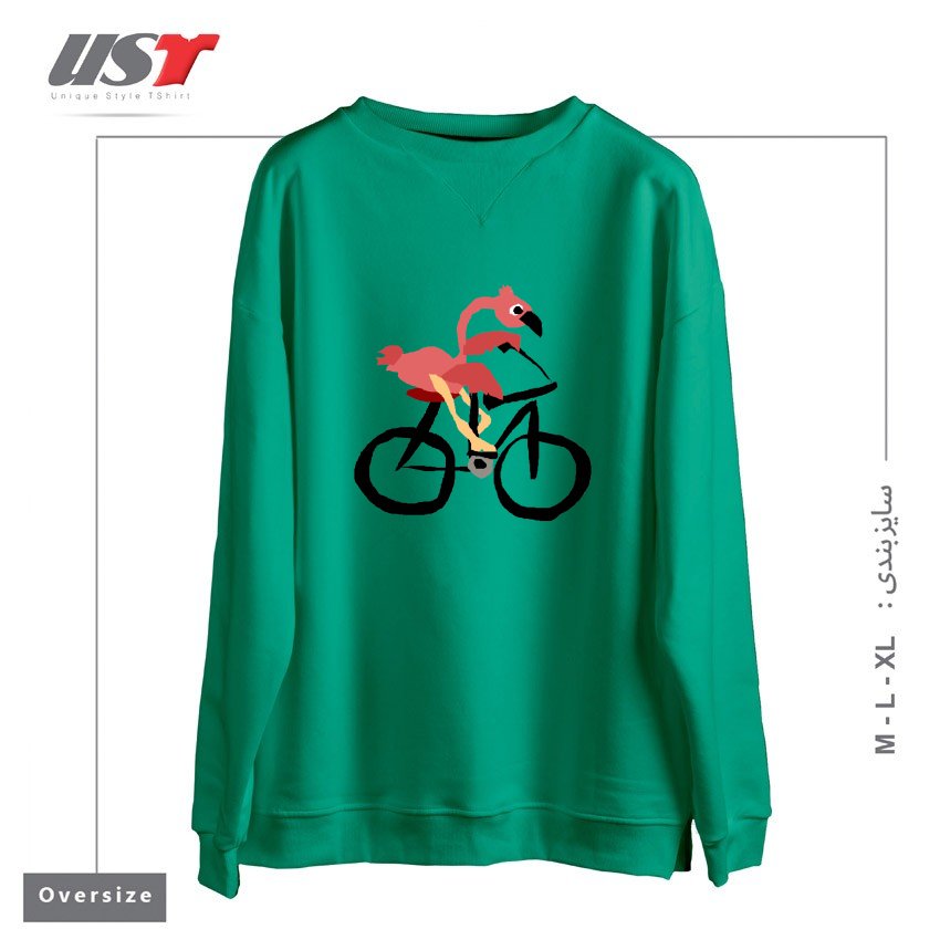 طرح FUNNY PINK FLAMINGO RIDING BICYCLE سوییشرت اورسایزرنگ سبز سدری