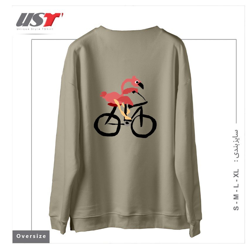 طرح FUNNY PINK FLAMINGO RIDING BICYCLE سوییشرت اورسایزرنگ نخودی