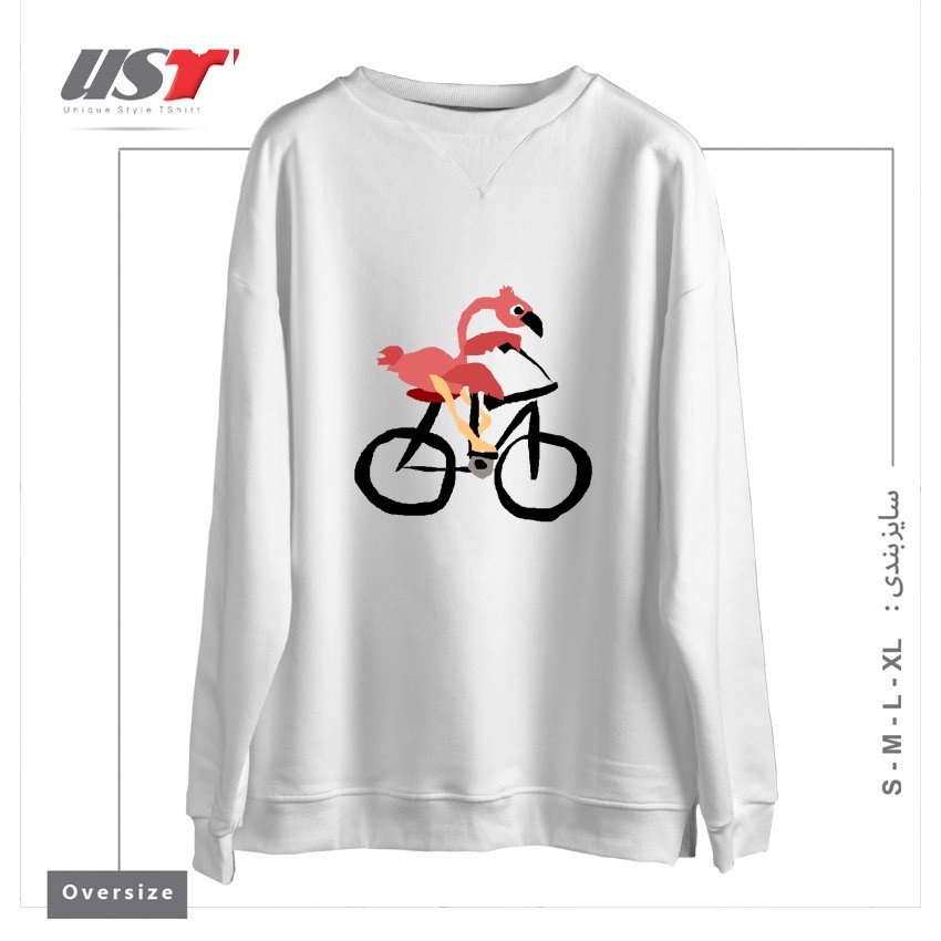 طرح FUNNY PINK FLAMINGO RIDING BICYCLE سوییشرت اورسایزرنگ سفید