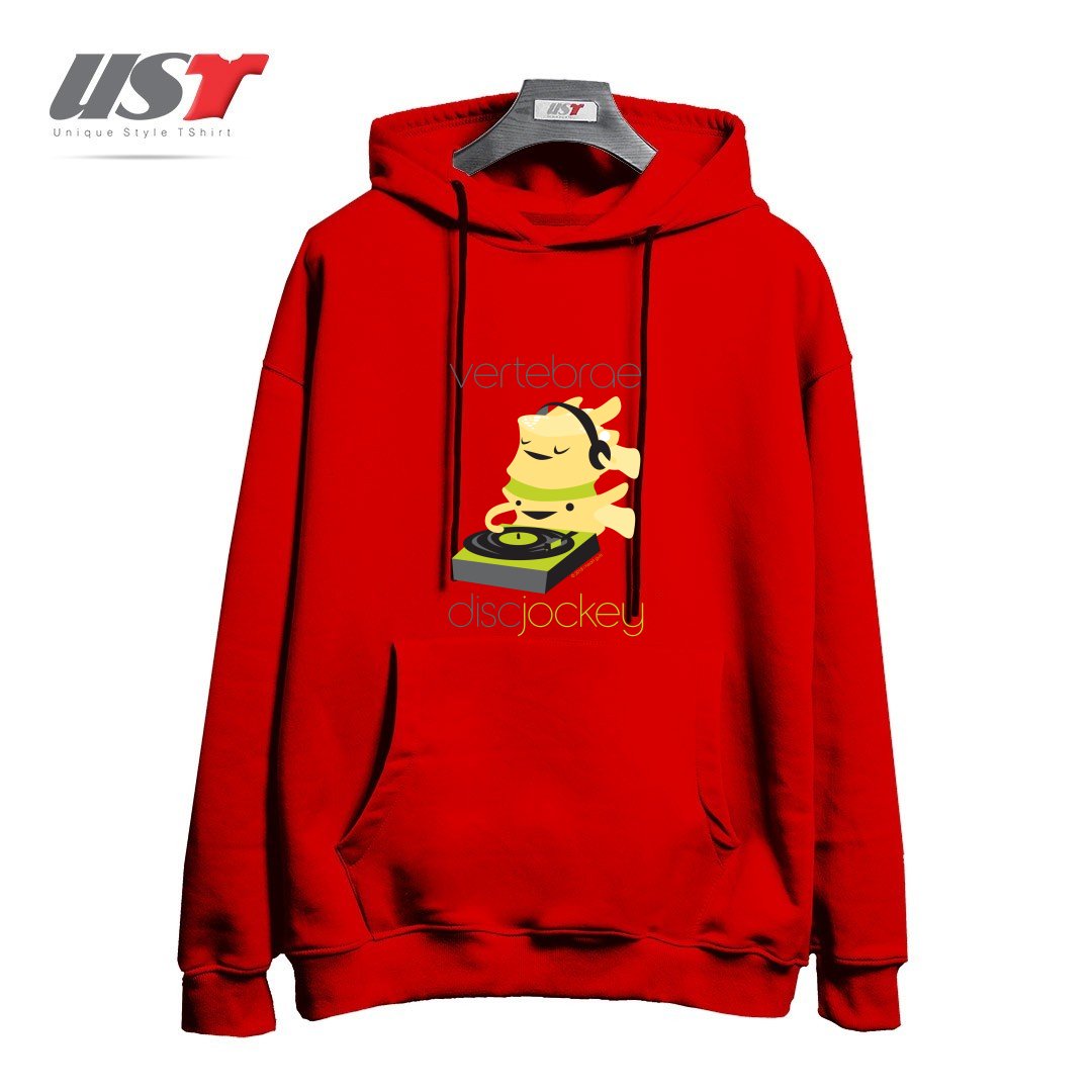 طرح VERTEBRAE - DISC JOCKEY هودی اورسایزرنگ قرمز