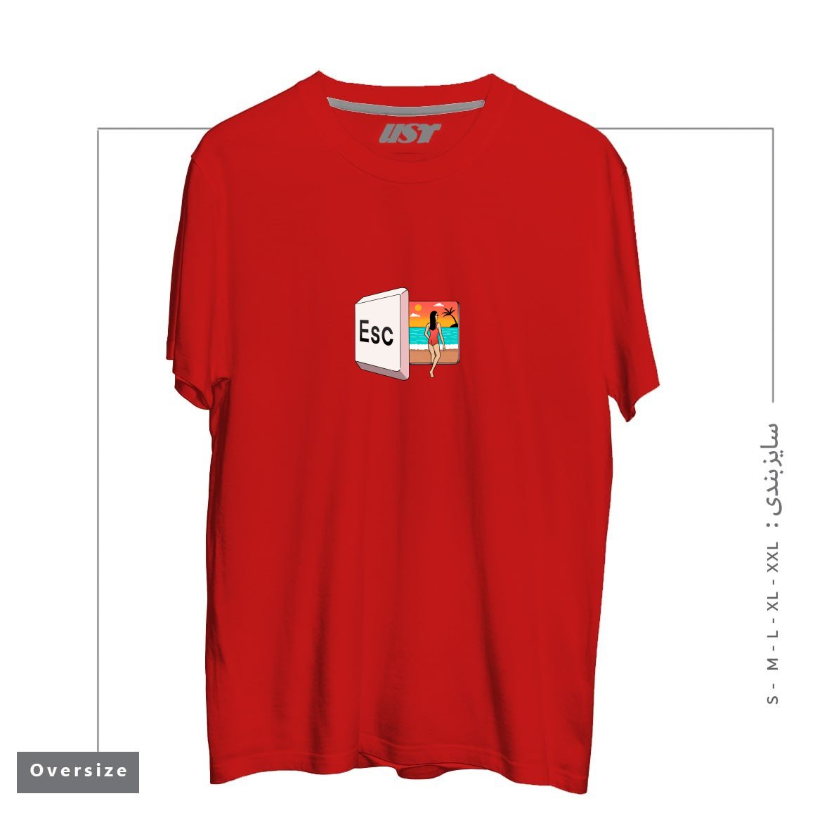 طرح ESCAPE TO THE BEACH تیشرت اورسایزرنگ قرمز