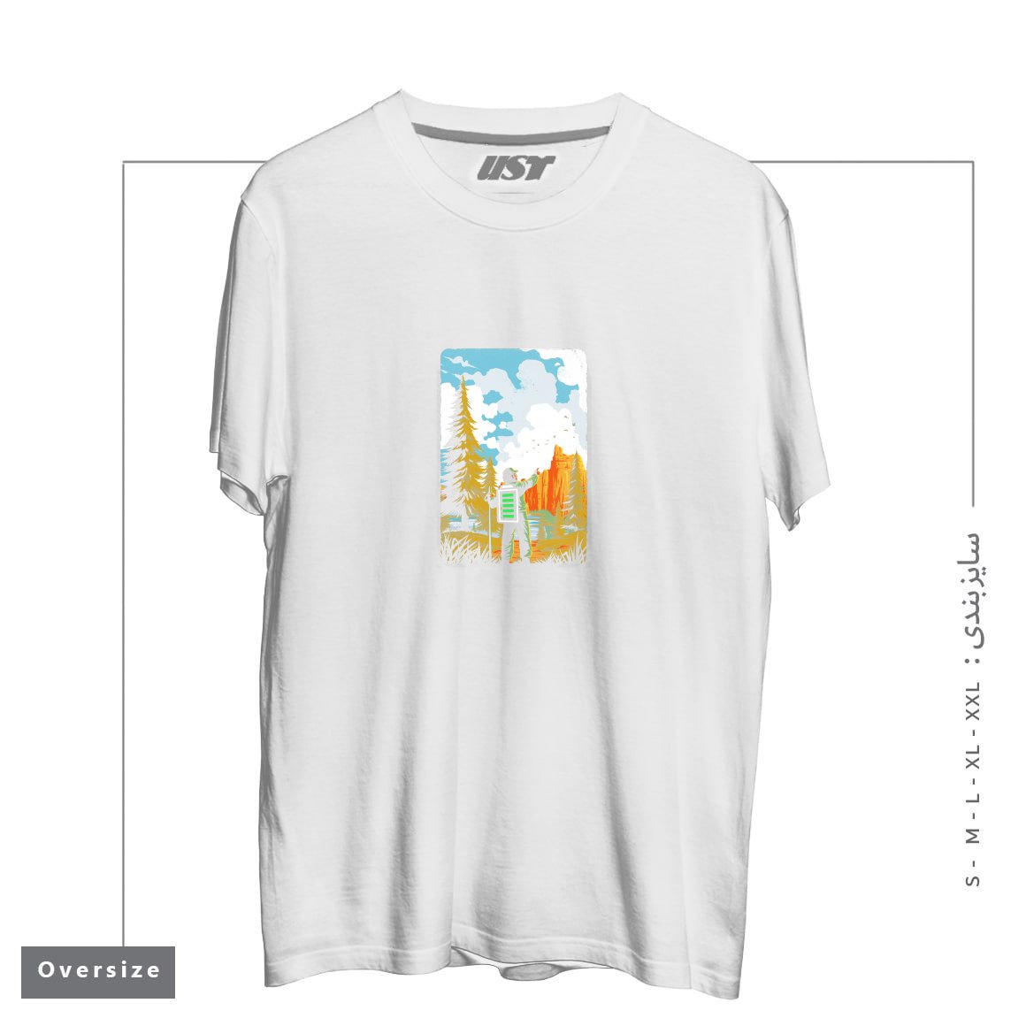 طرح HIKING RECHARGING IN NATURE OUTDOOR BATTERY2121 تیشرت اورسایزرنگ سفید