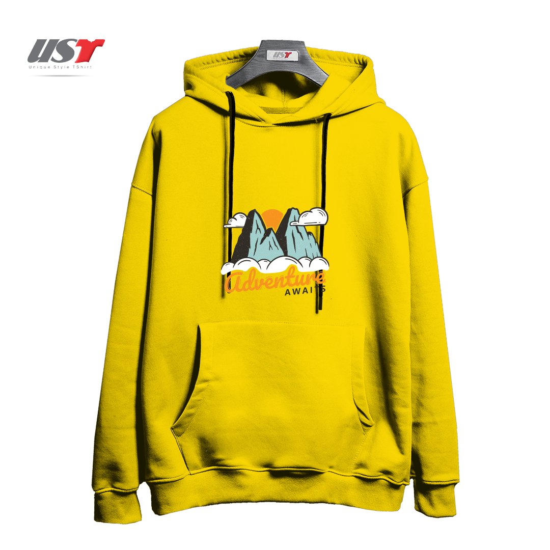 طرح NATURE - ADVENTURE AWAITS هودی اورسایزرنگ زرد