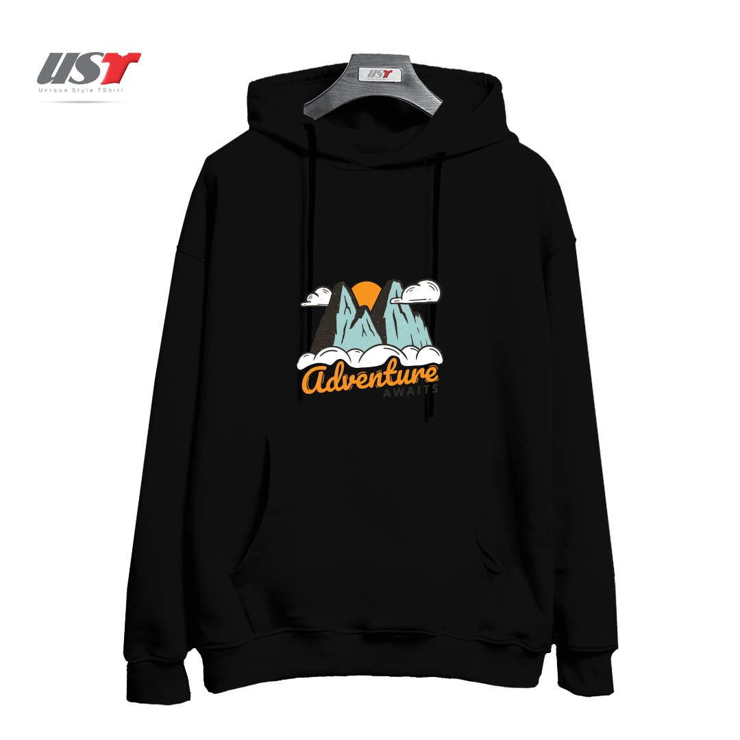 طرح NATURE - ADVENTURE AWAITS هودی اورسایزرنگ مشکی