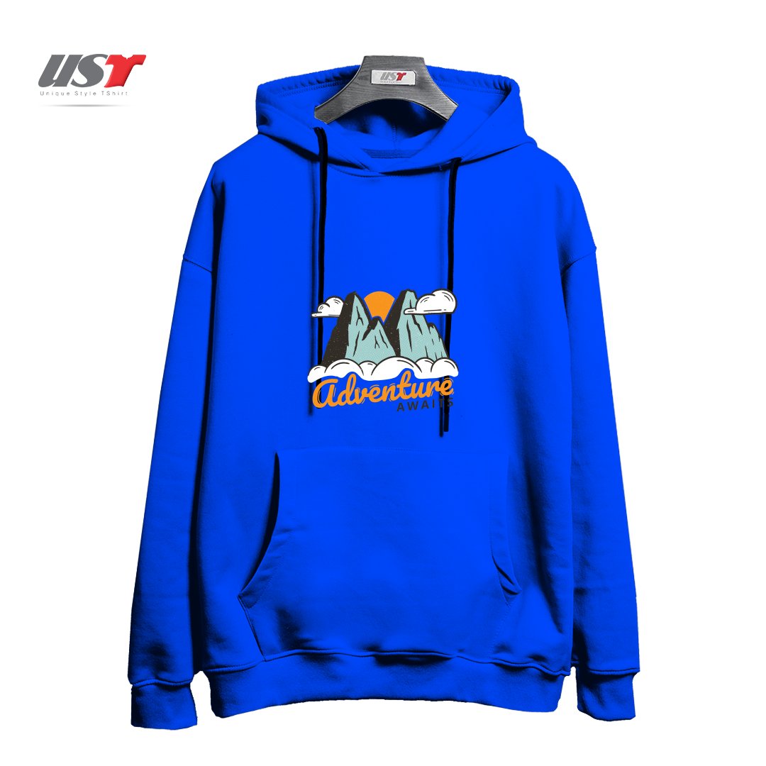 طرح NATURE - ADVENTURE AWAITS هودی اورسایزرنگ آبی شالی