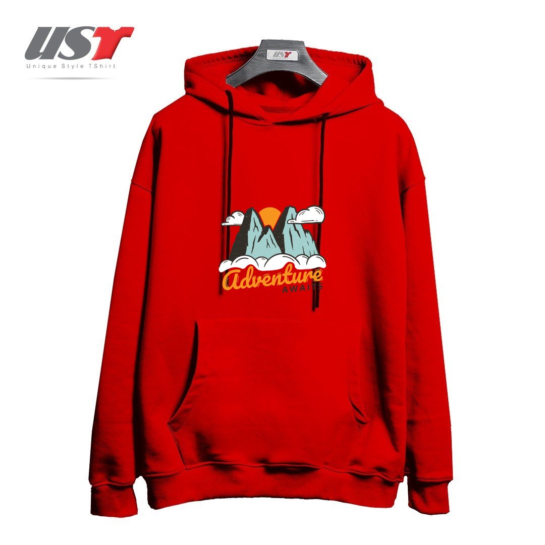 طرح NATURE - ADVENTURE AWAITS هودی اورسایزرنگ قرمز