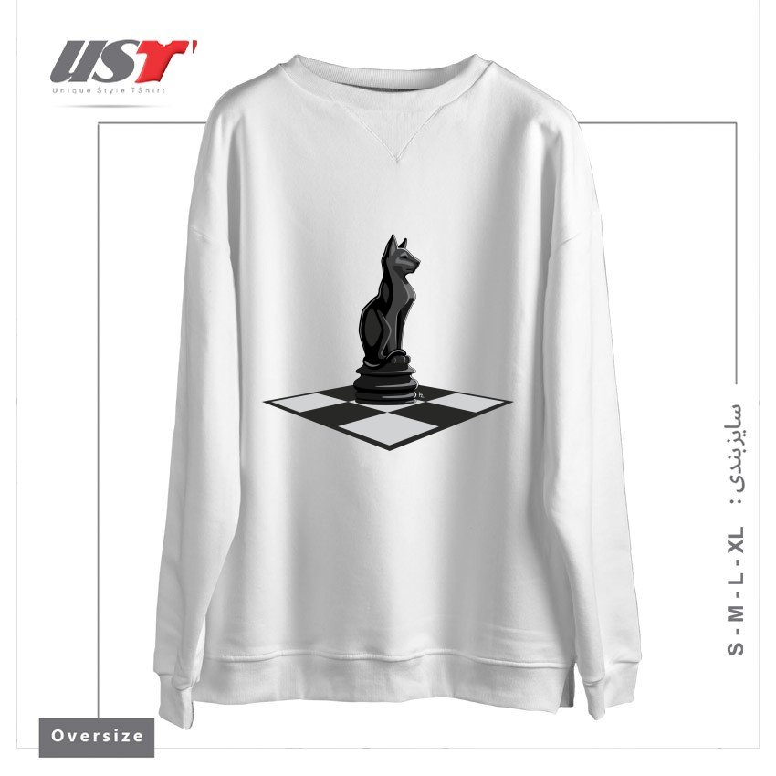 طرح CAT CHESS سوییشرت اورسایزرنگ سفید