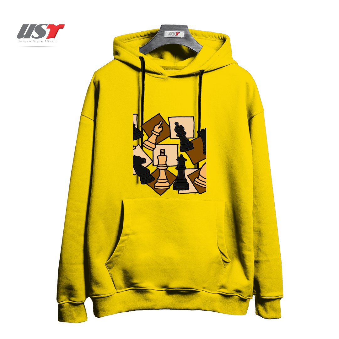 طرح COOL CHESS PIECES CHESS GAME ABSTRACT ART هودی اورسایزرنگ زرد