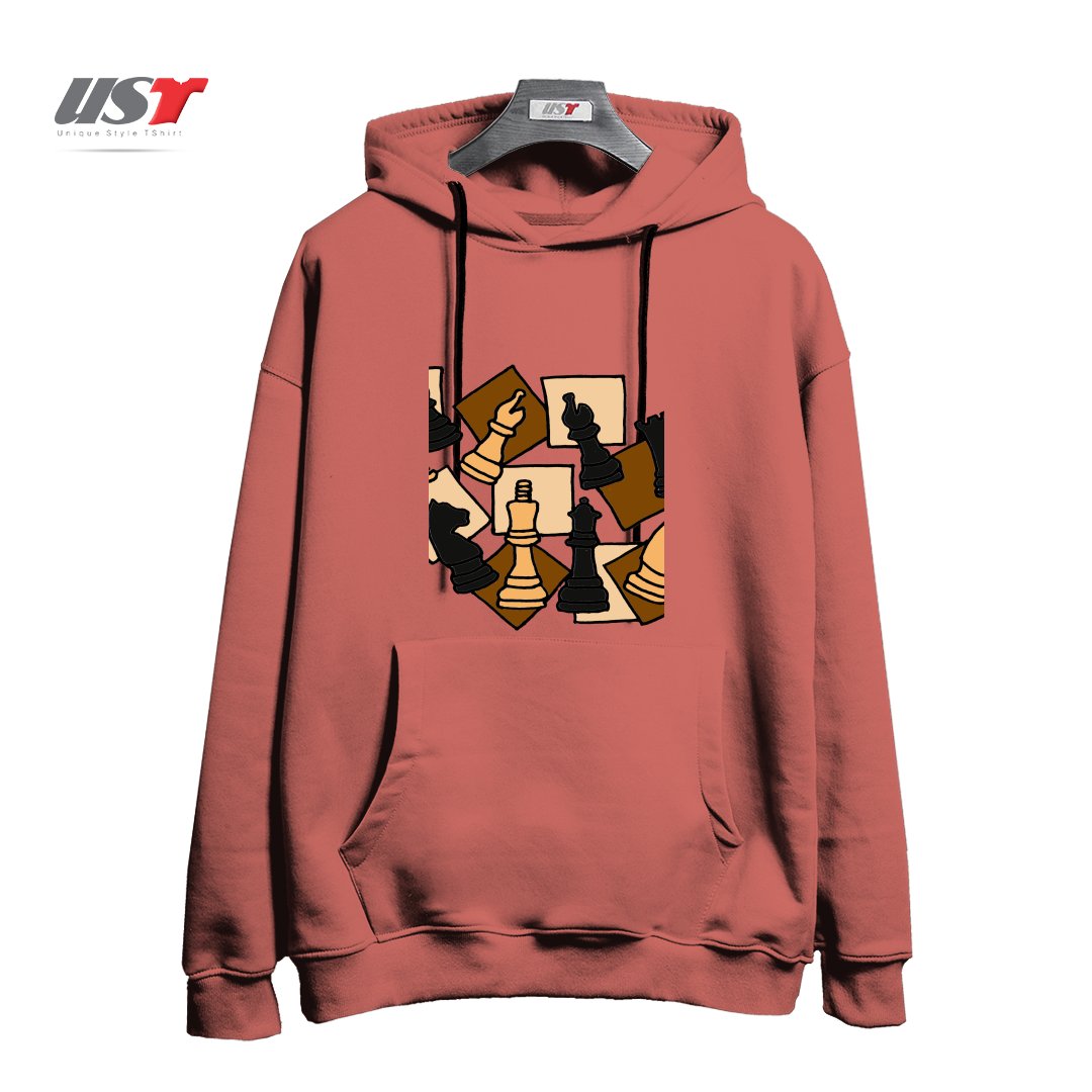 طرح COOL CHESS PIECES CHESS GAME ABSTRACT ART هودی اورسایزرنگ آجری