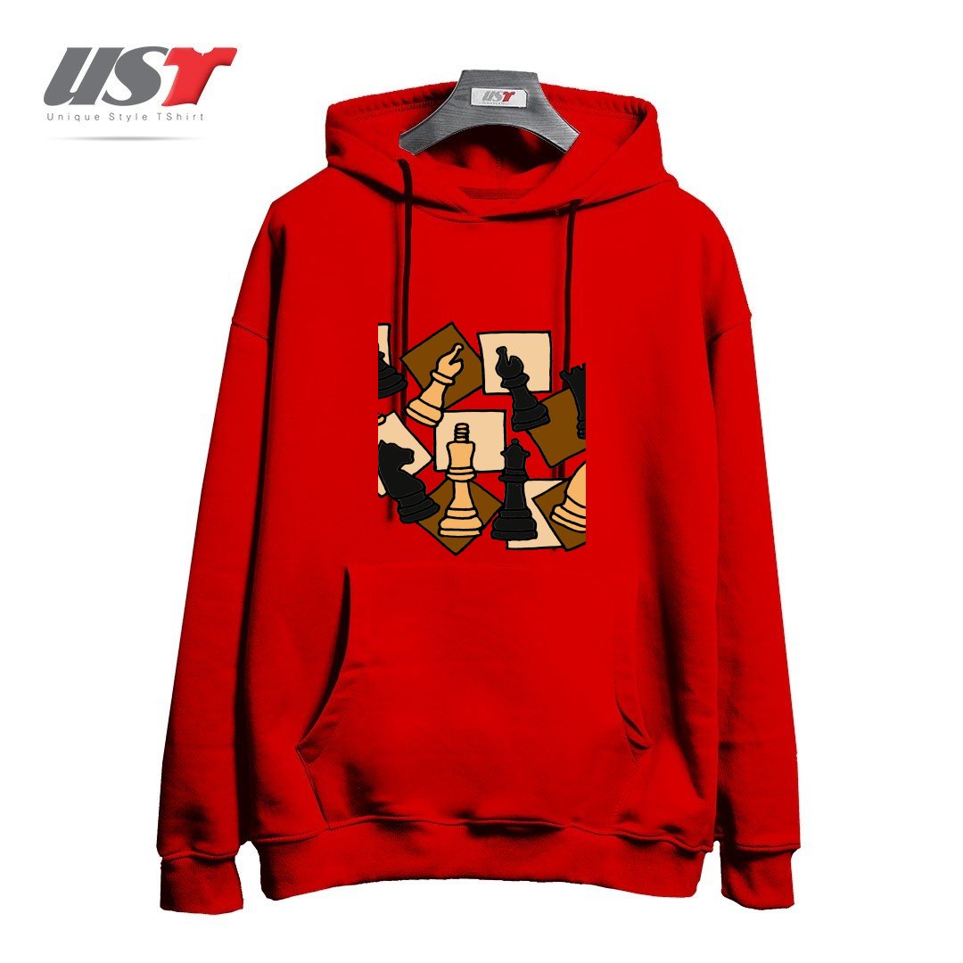 طرح COOL CHESS PIECES CHESS GAME ABSTRACT ART هودی اورسایزرنگ قرمز