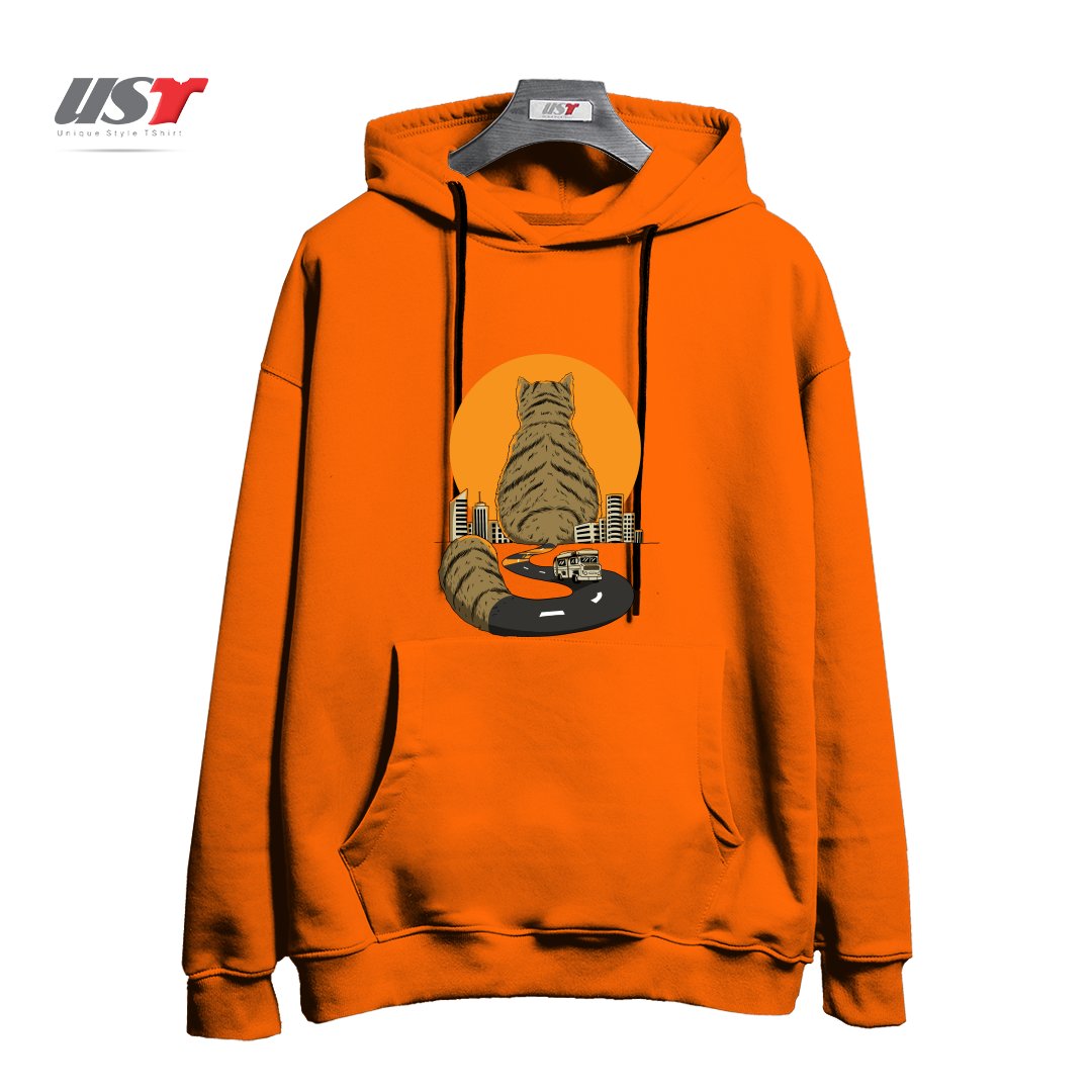 طرح CAT CITY هودی اورسایزرنگ نارنجی