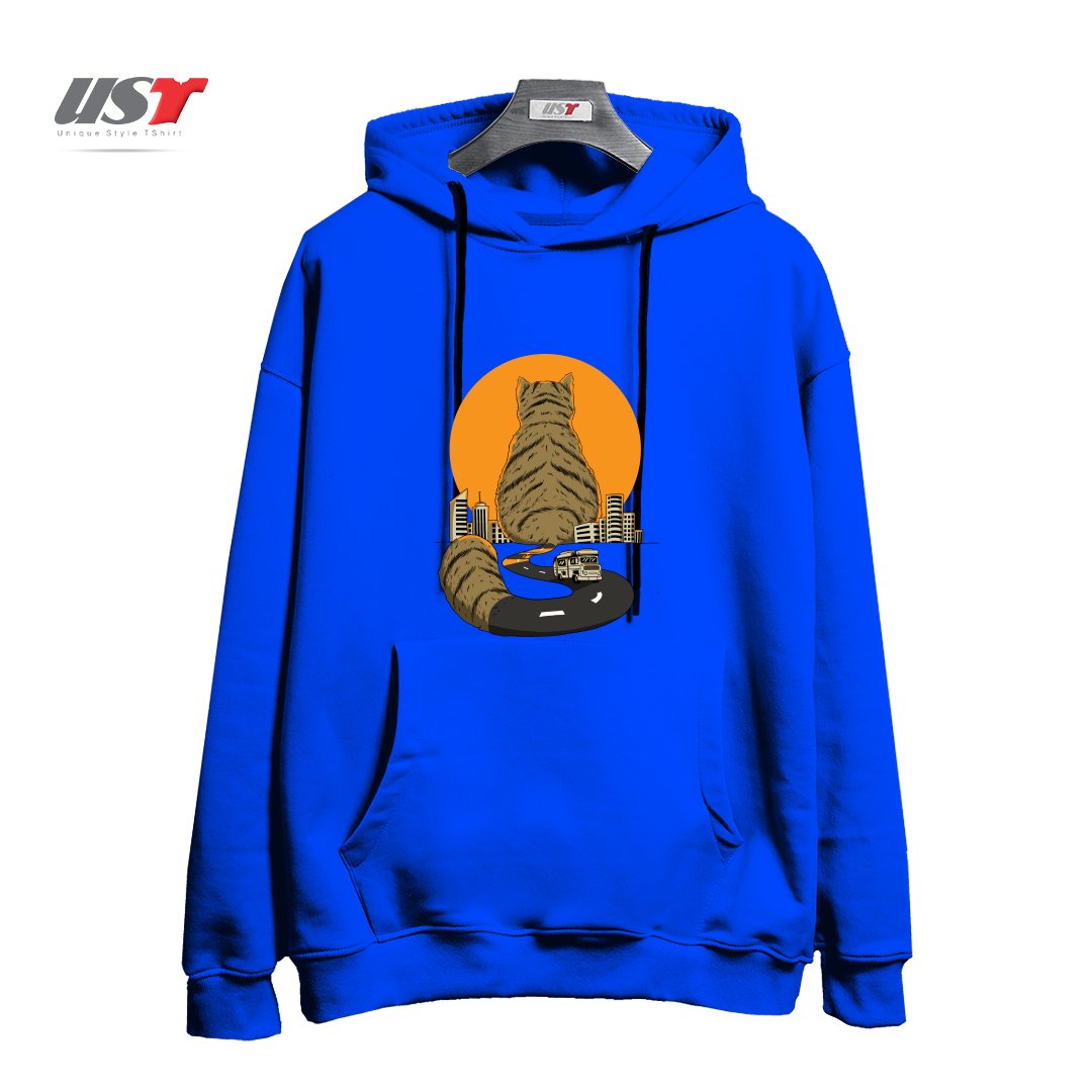 طرح CAT CITY هودی اورسایزرنگ آبی شالی