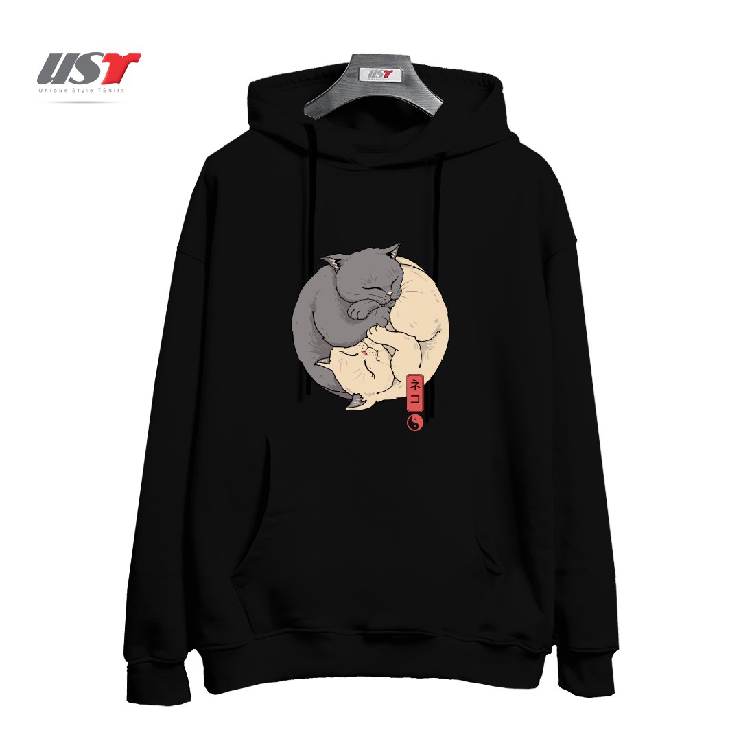 طرح YIN YANG CATS هودی اورسایزرنگ مشکی