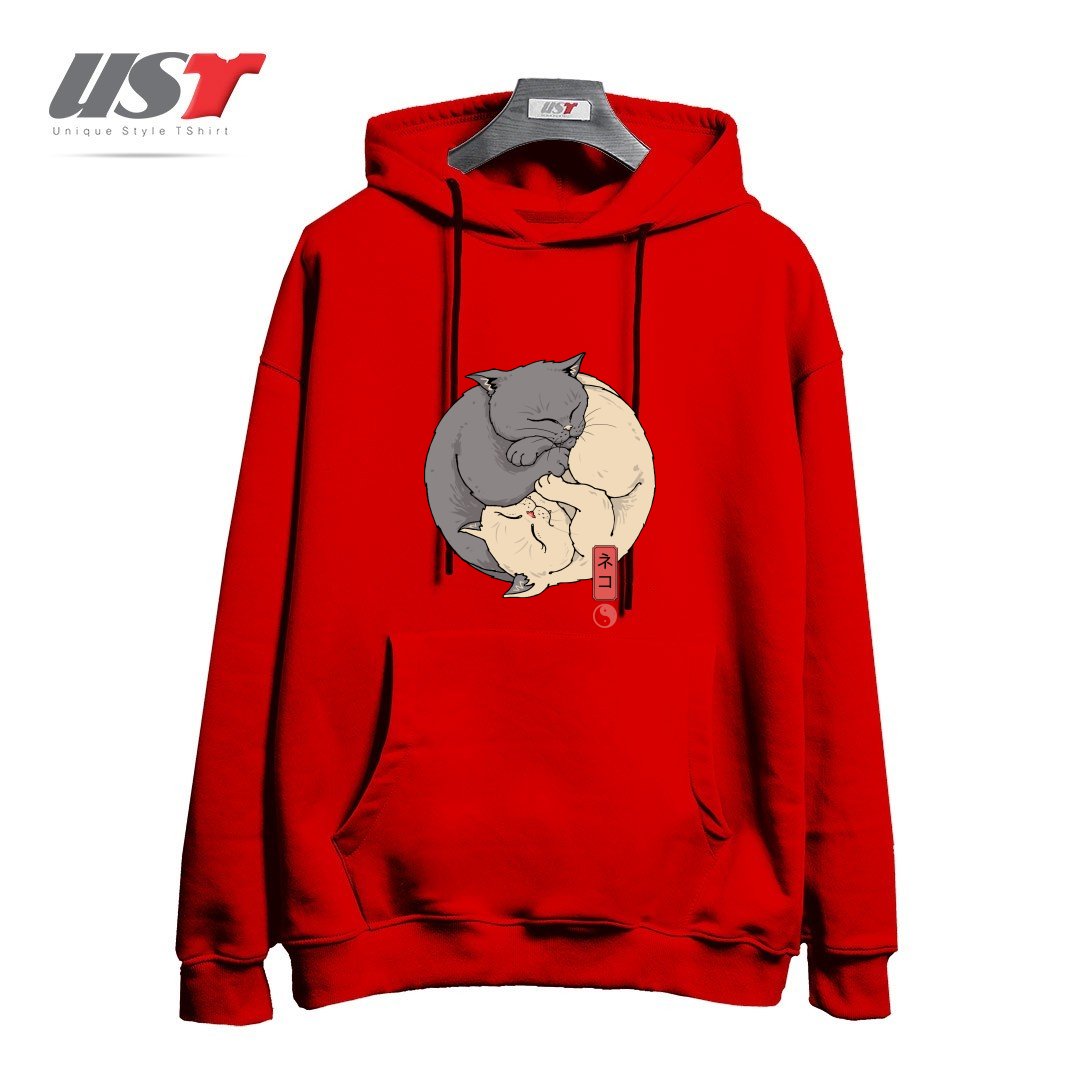 طرح YIN YANG CATS هودی اورسایزرنگ قرمز