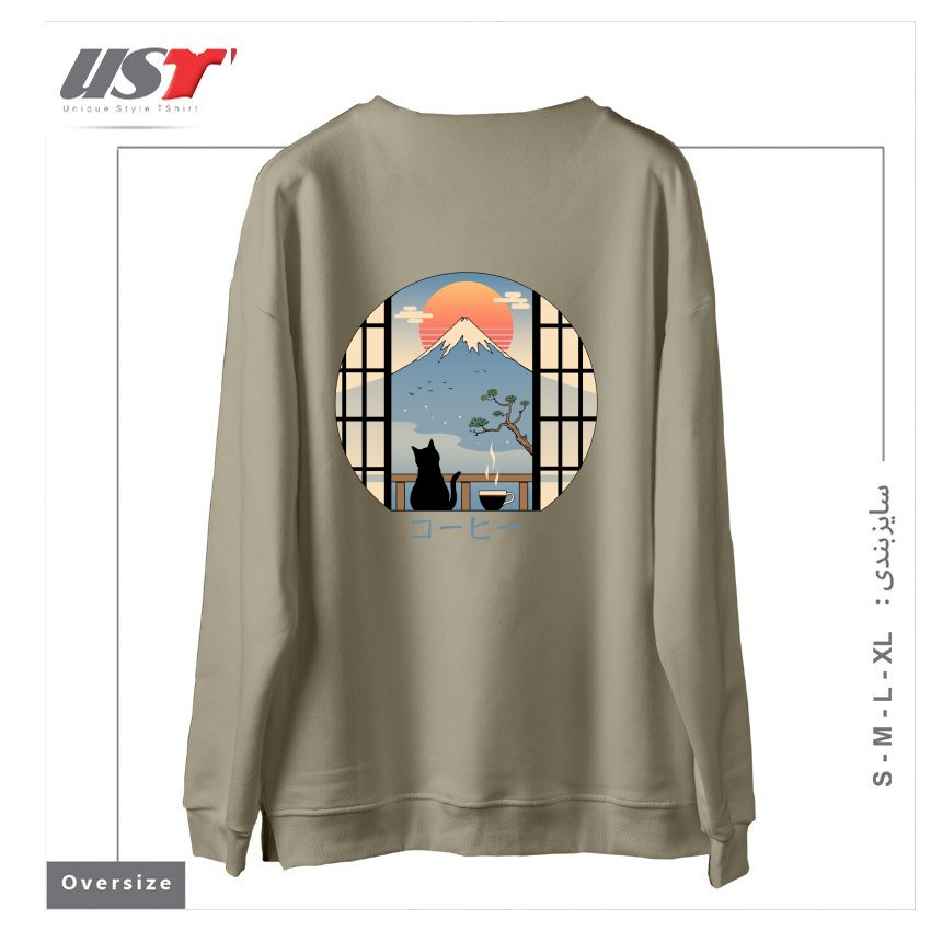 طرح COFFEE CAT IN MT. FUJI سوییشرت اورسایزرنگ نخودی