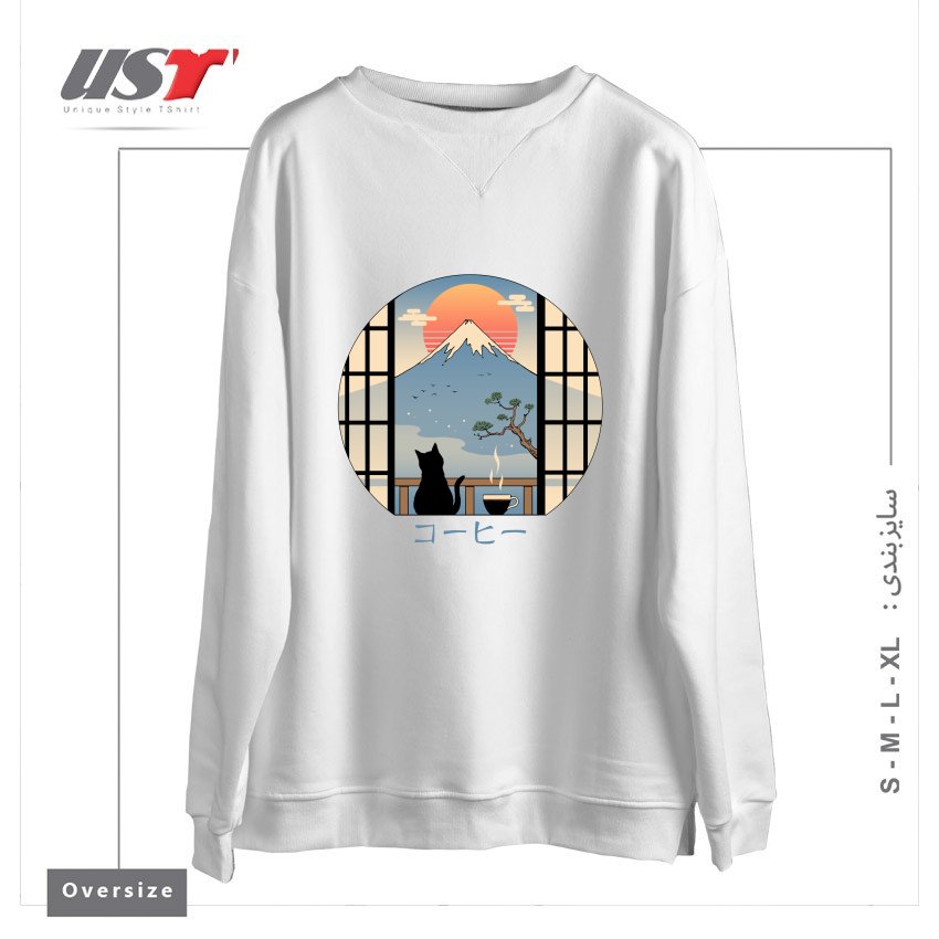سوییشرت اورسایز طرح COFFEE CAT IN MT. FUJI
