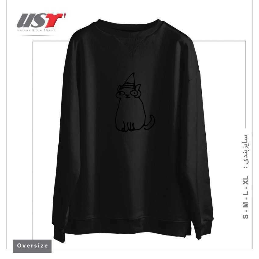 طرح WIZARD CAT سوییشرت اورسایزرنگ مشکی