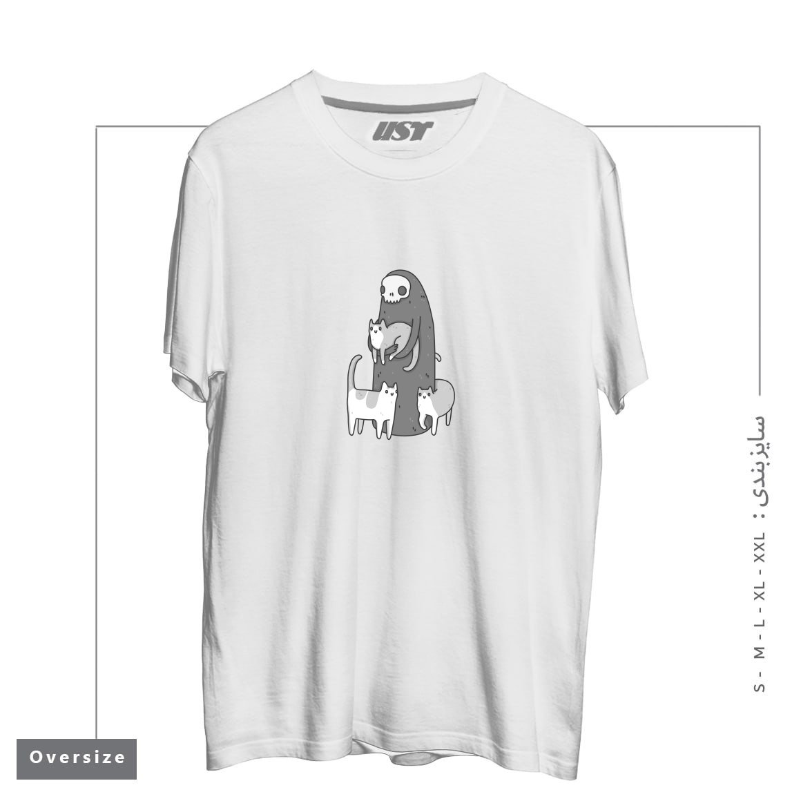 طرح THE GRIM AND HER CATS تیشرت اورسایزرنگ سفید