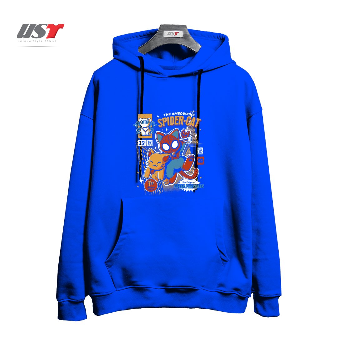طرح SPIDER CAT هودی اورسایزرنگ آبی شالی