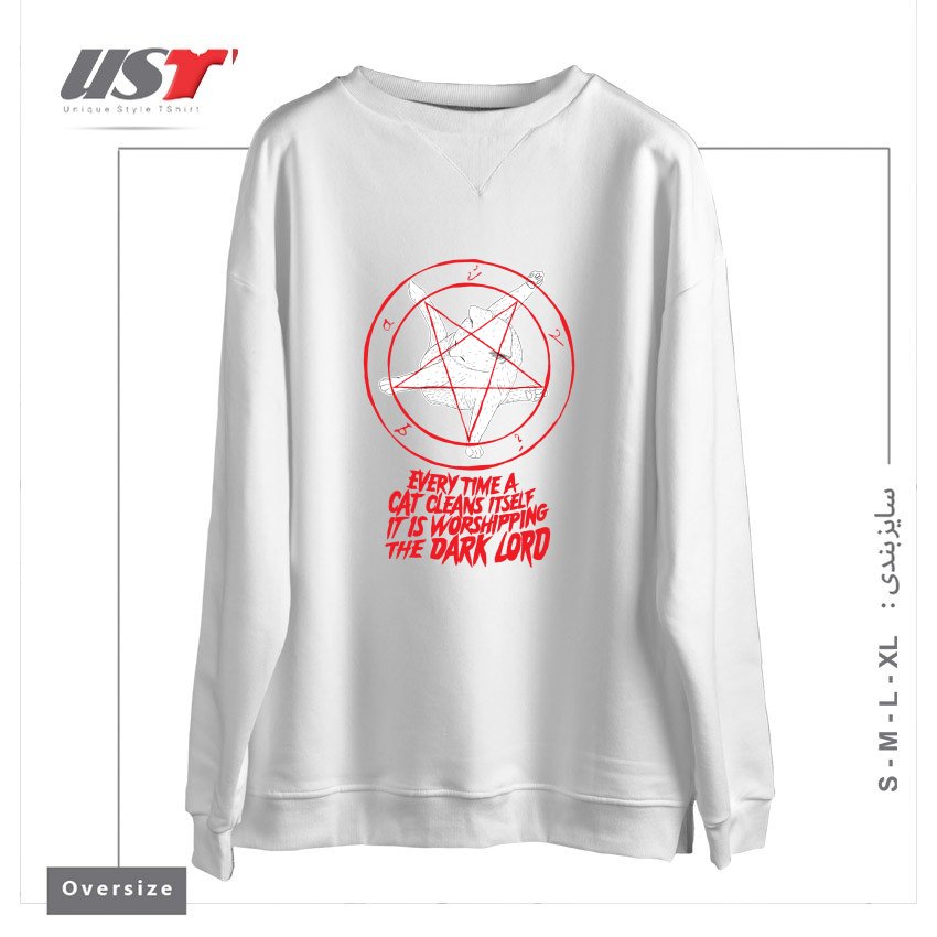 سوییشرت اورسایز طرح EVERY TIME A CAT CLEANS ITSELF IT IS WORSHIPPING THE DARK LORD