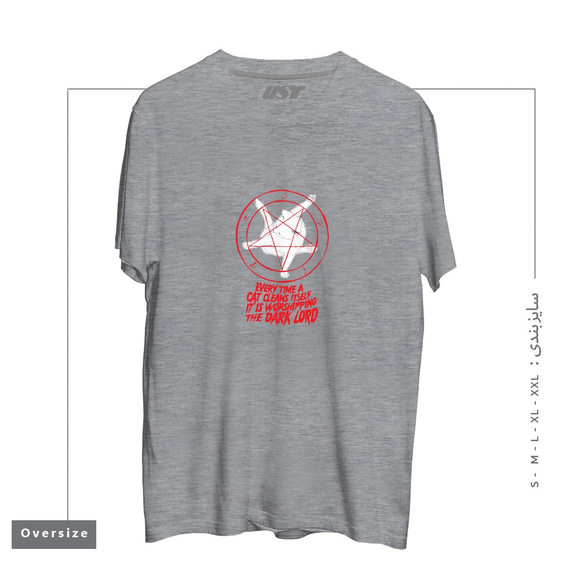 طرح EVERY TIME A CAT CLEANS ITSELF IT IS WORSHIPPING THE DARK LORD تیشرت اورسایزرنگ طوسی ملانژ