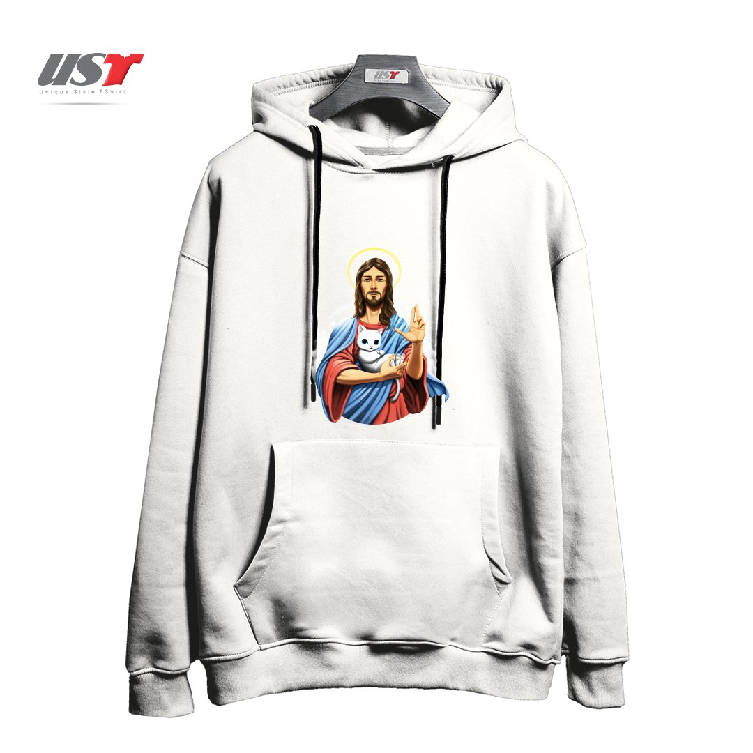 طرح JESUS CAT هودی اورسایزرنگ سفید