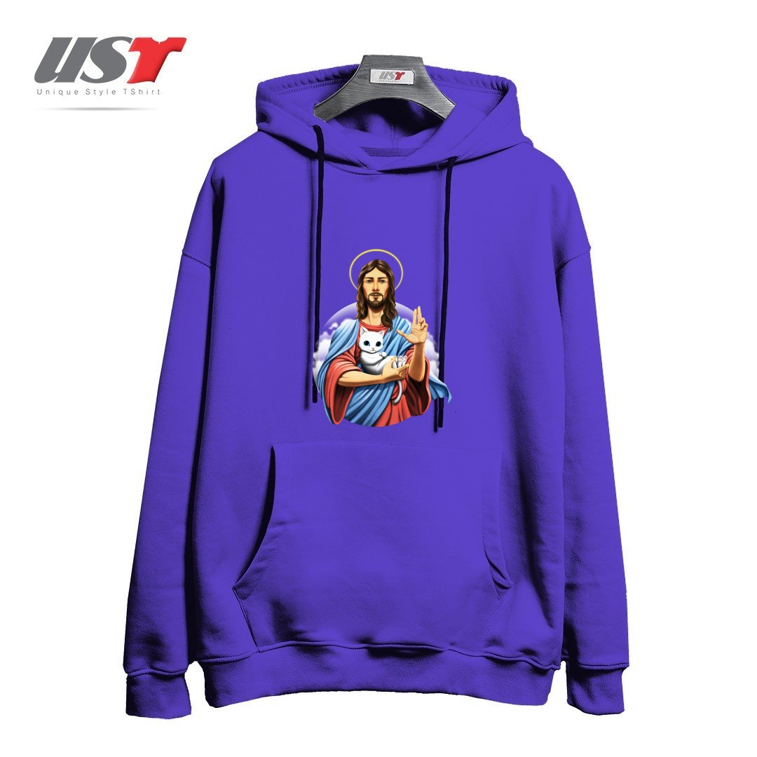 طرح JESUS CAT هودی اورسایزرنگ بنفش