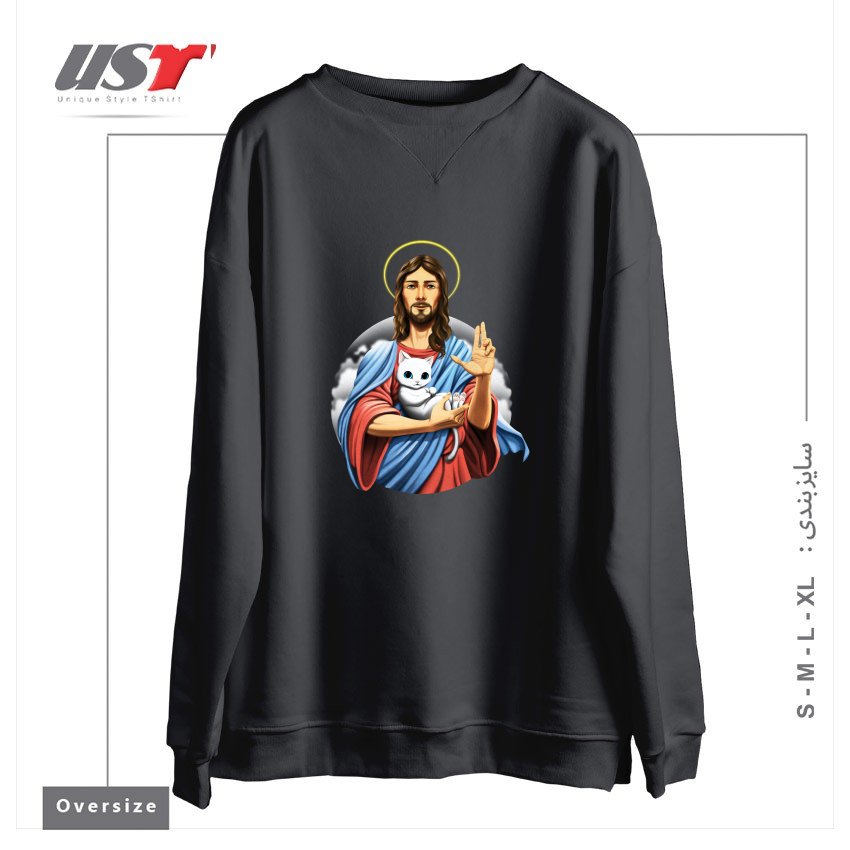 طرح JESUS CAT سوییشرت اورسایزرنگ دودی