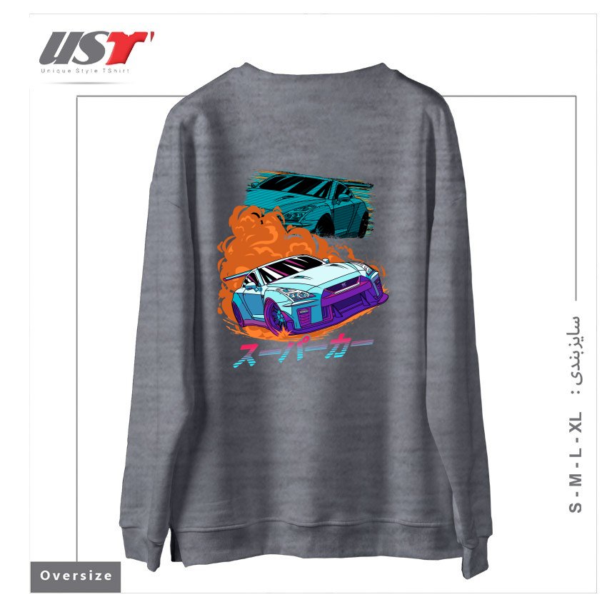 طرح JDM GT-R NIPPON STREET RACING CAR سوییشرت اورسایزرنگ طوسی ملانژ