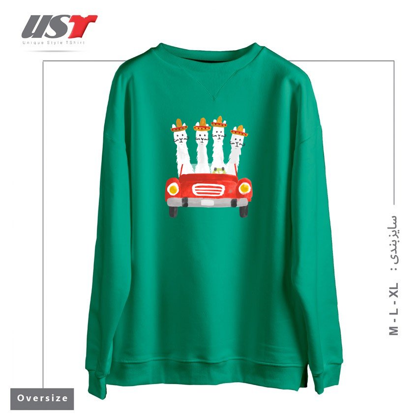 طرح LLAMAS ON A ROADTRIP سوییشرت اورسایزرنگ سبز سدری