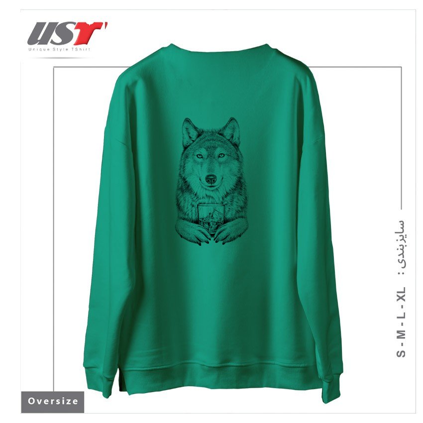 طرح WHISKEY WOLF سوییشرت اورسایزرنگ سبز سدری