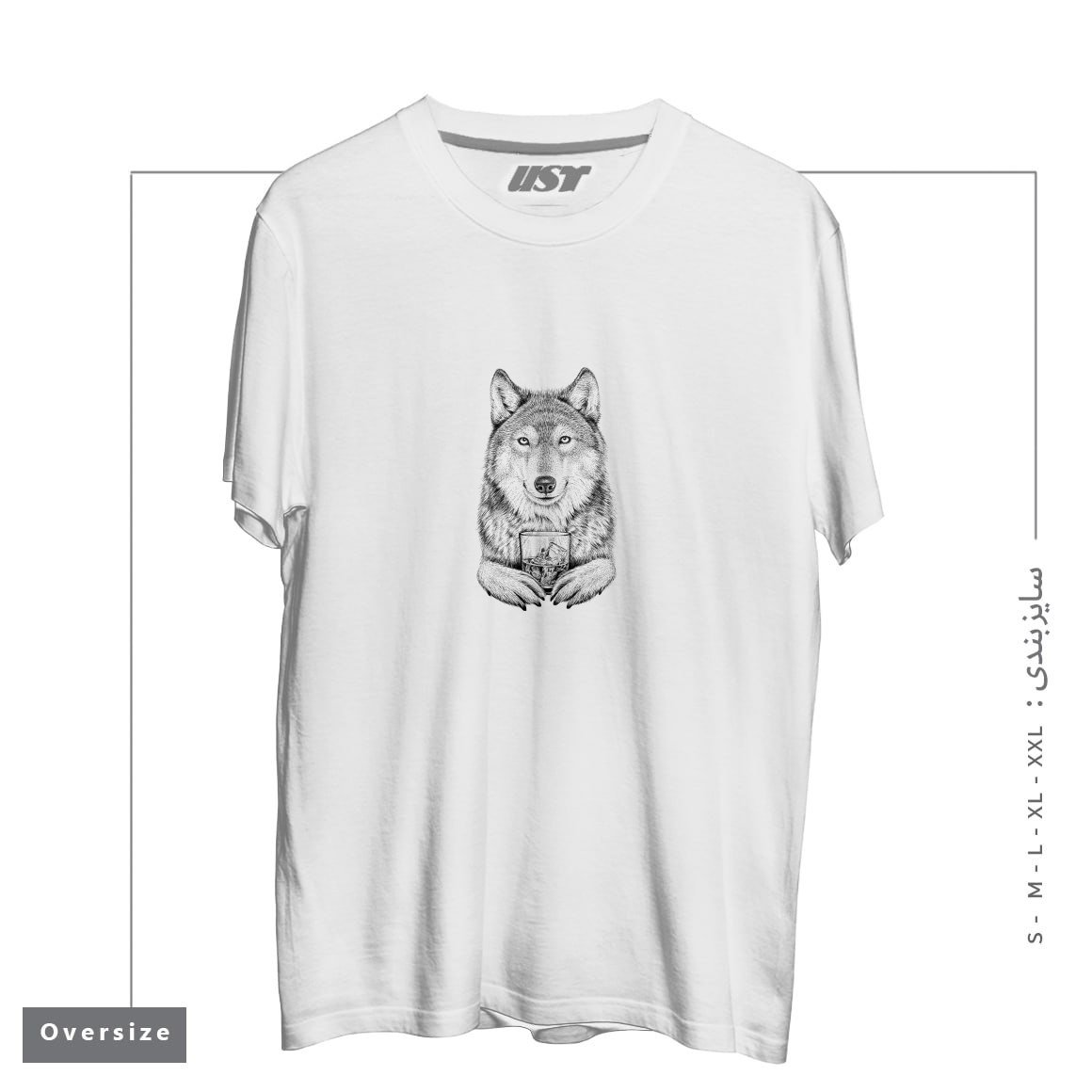 طرح WHISKEY WOLF تیشرت اورسایزرنگ سفید