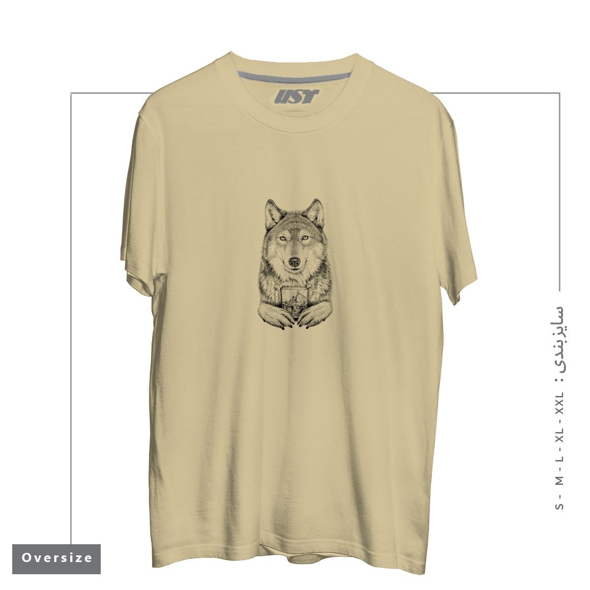 طرح WHISKEY WOLF تیشرت اورسایزرنگ نخودی