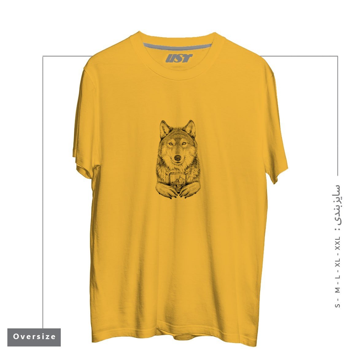 طرح WHISKEY WOLF تیشرت اورسایزرنگ خردلی