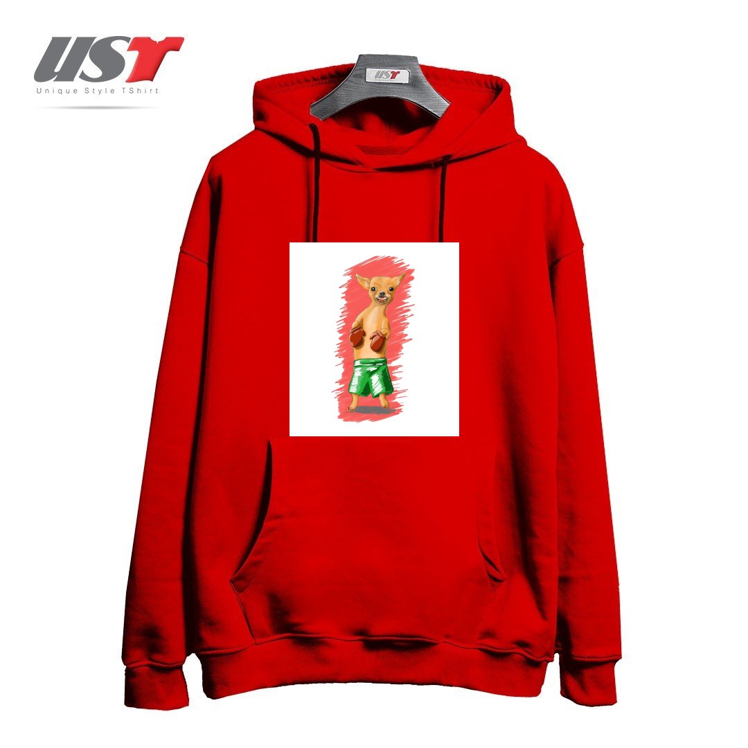 طرح BOXING CHIHUAHA هودی اورسایزرنگ قرمز