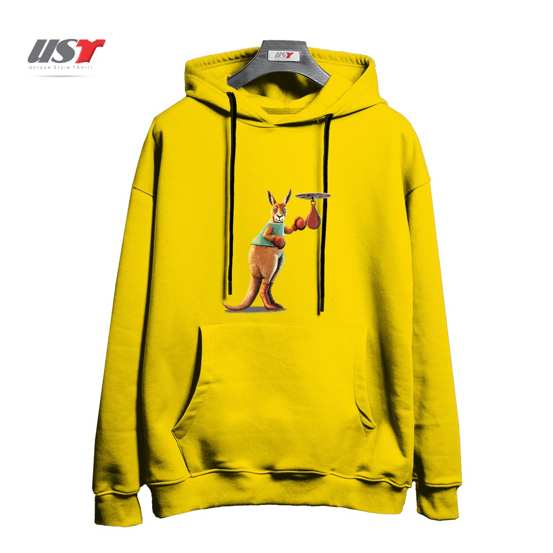 طرح BOXING KANGAROO هودی اورسایزرنگ زرد