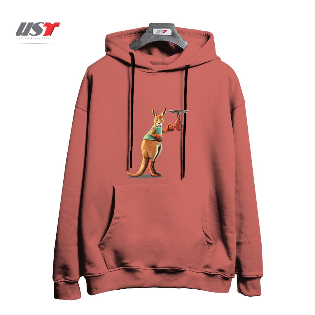 طرح BOXING KANGAROO هودی اورسایزرنگ آجری
