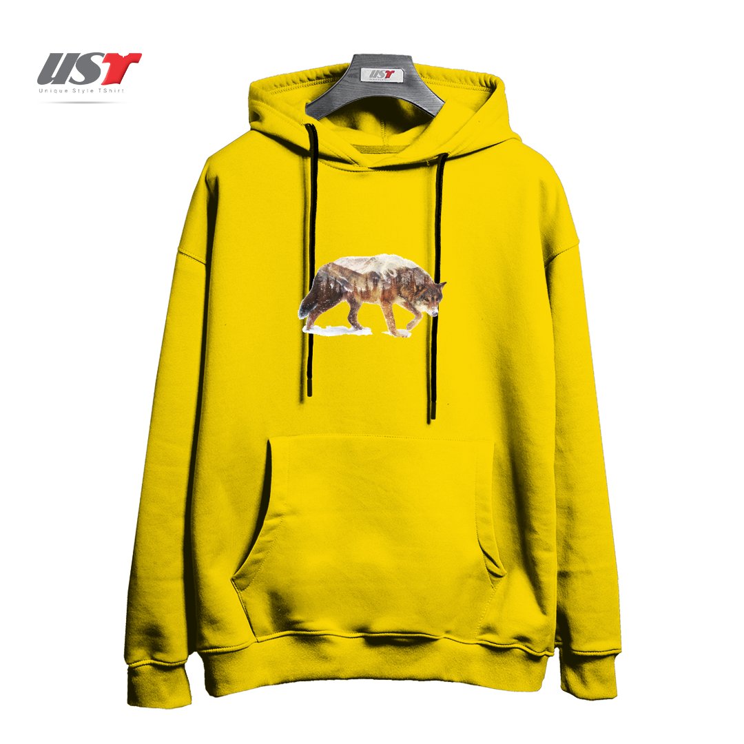 طرح WOLF IN THE ARCTIC هودی اورسایزرنگ زرد