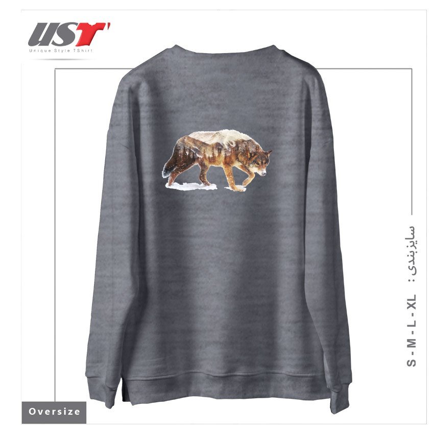 طرح WOLF IN THE ARCTIC سوییشرت اورسایزرنگ طوسی ملانژ