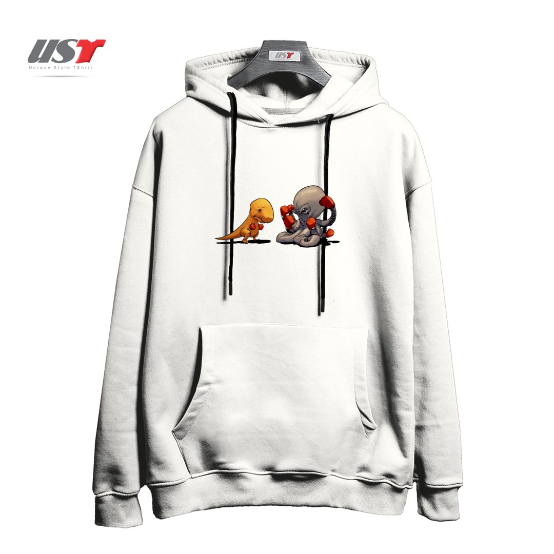 طرح T-REX VS OCTOPUS هودی اورسایزرنگ سفید