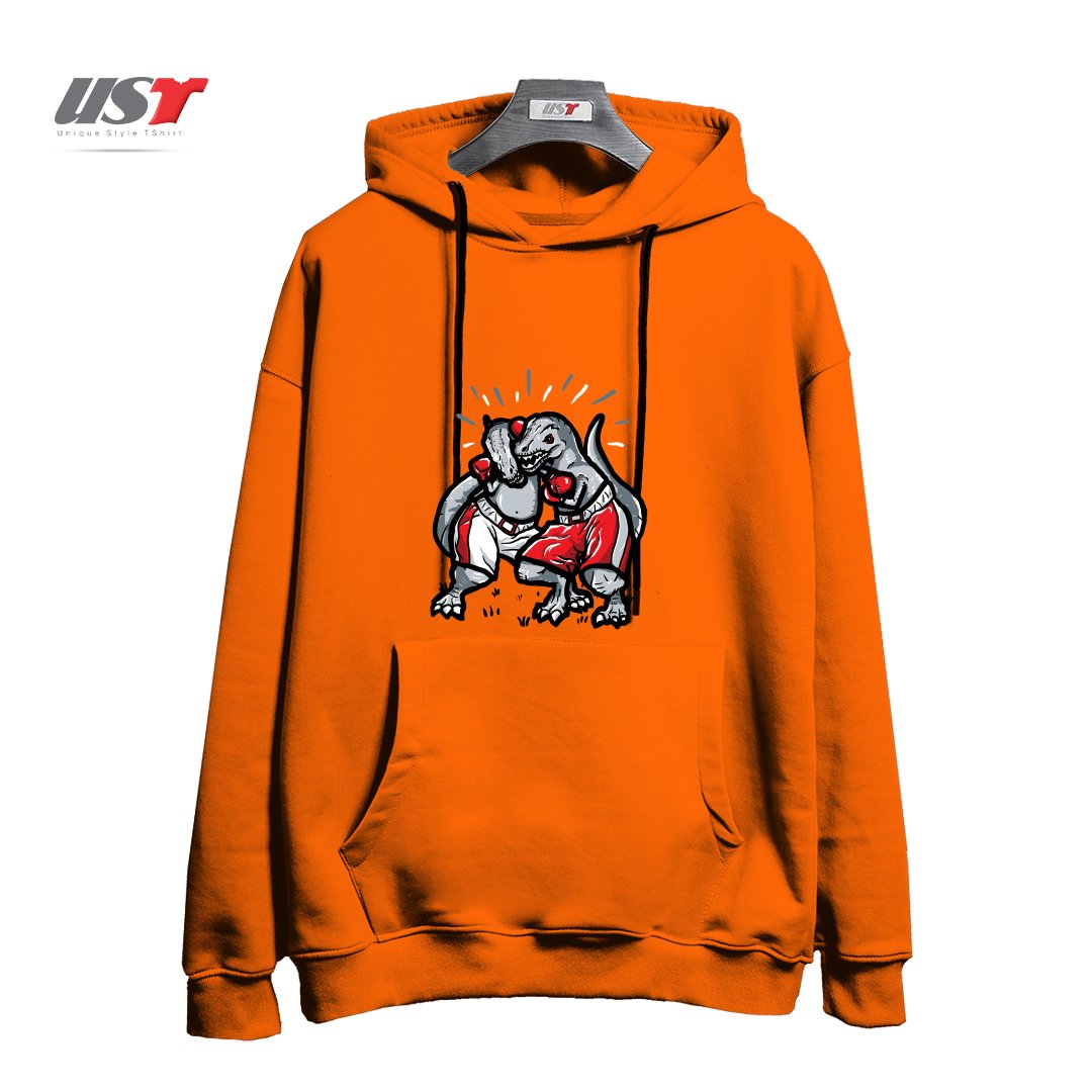 طرح T-REX'S TRYING TO BOX هودی اورسایزرنگ نارنجی