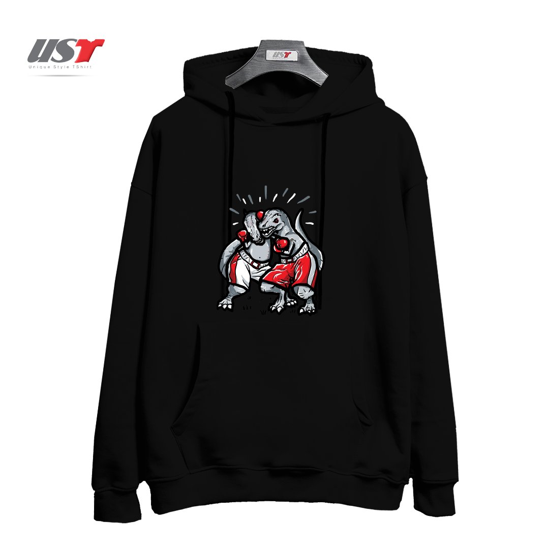 طرح T-REX'S TRYING TO BOX هودی اورسایزرنگ مشکی