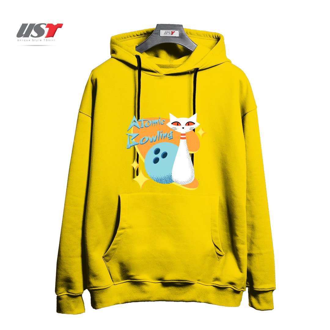 طرح ATOMIC CAT IN MID-CENTURY MODERN BOWLING DESIGN هودی اورسایزرنگ زرد
